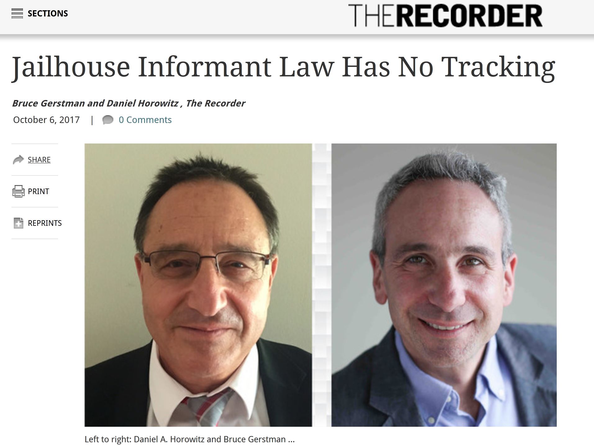 Bruce Gerstman and Dan Horowitz write article for recorder newspaper about jail house informants (jailhouse)